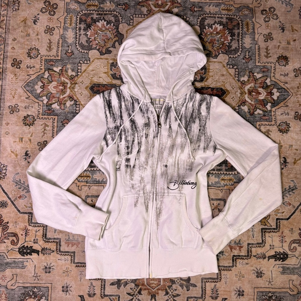 Y2K Billabong White Full Zip Hoodie Abstract Graphic Surf Fleece Sweatshirt 00s